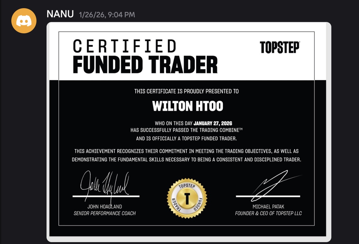 Topstep Certified Funded Trader certificate for student Wilton Htoo