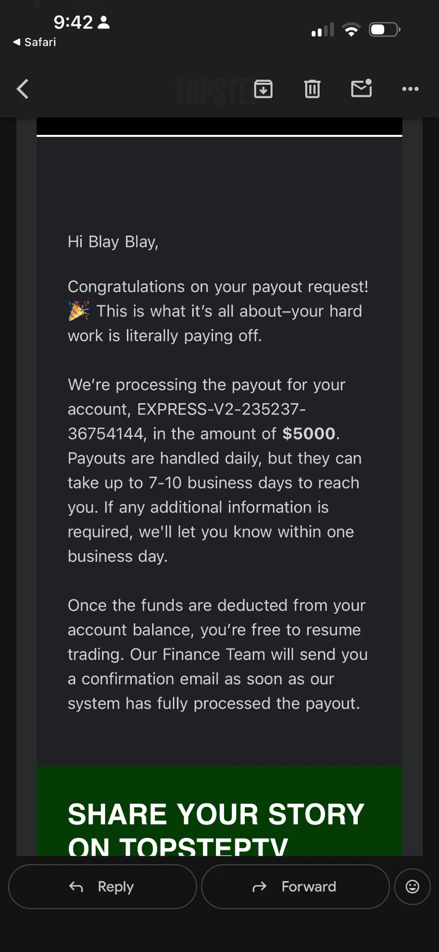 Topstep payout request of $5,000 for a student