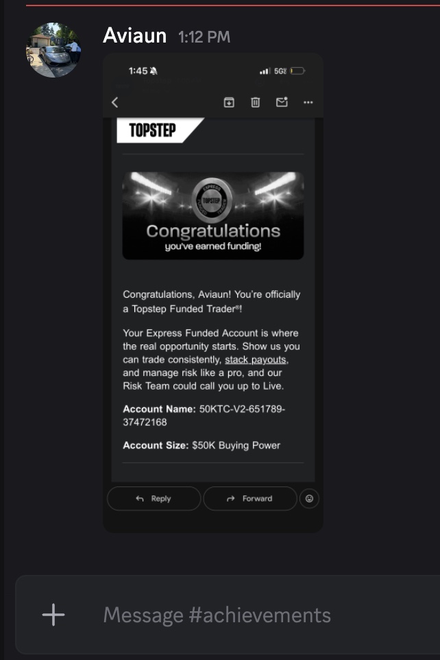 Topstep funding confirmation email for student Aviaun on a $50K account