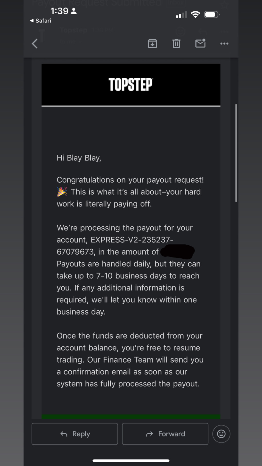 Topstep payout request confirmation email for a student
