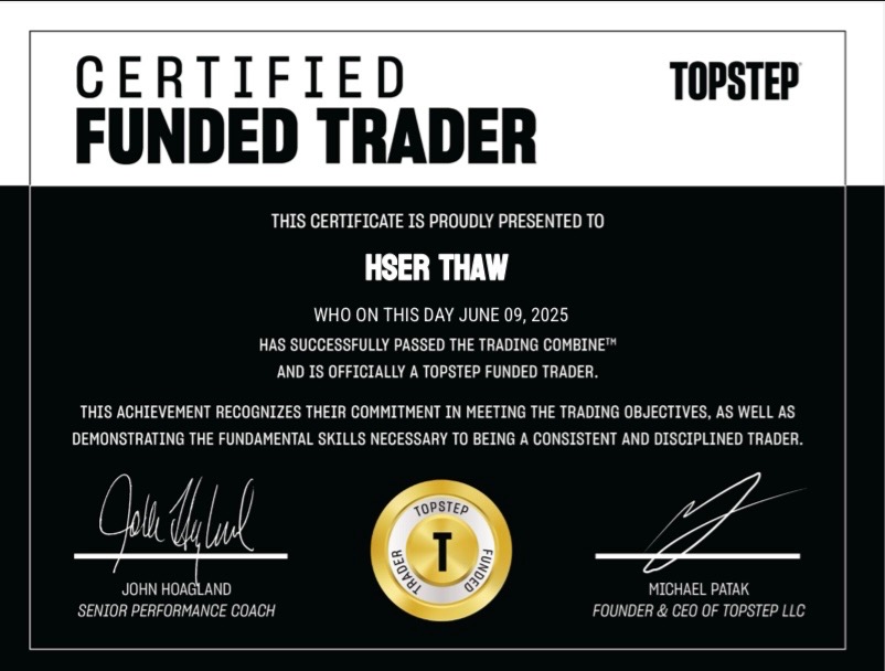 Topstep Certified Funded Trader certificate for student Hser Thaw
