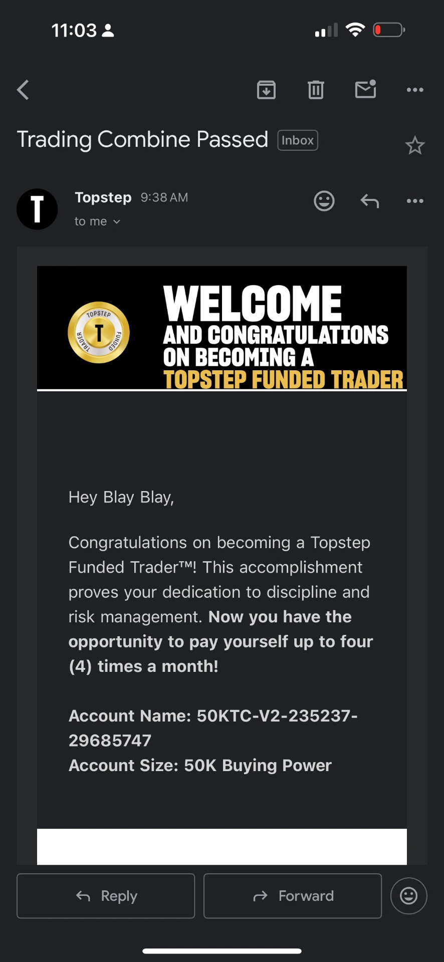 Topstep Trading Combine passed email for a student