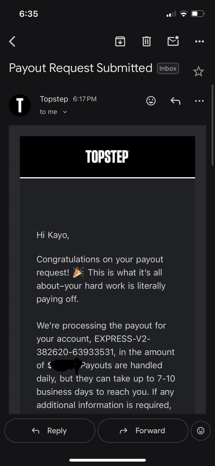 Topstep payout request submitted email for a student