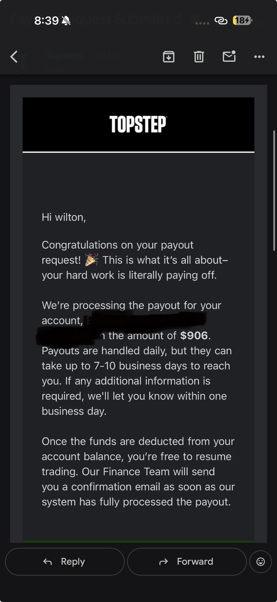 Topstep payout request of $906 for a student