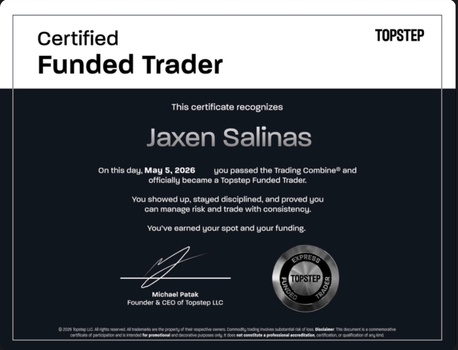 Topstep Certified Funded Trader certificate for student Jaxen Salinas