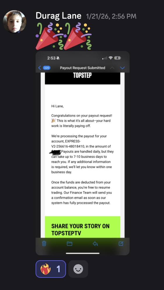 Topstep payout request submitted email shared by student Lane
