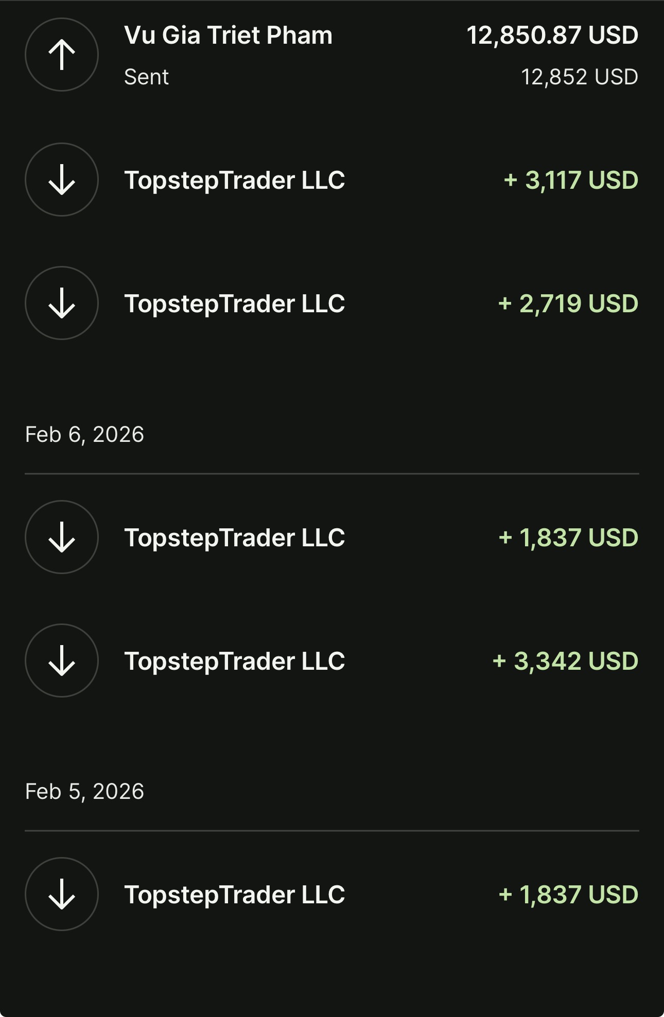 Bank transfers showing student trading payouts received